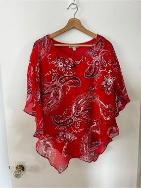DANA BUCHMAN Red Bandana Print Paisley Sheer Flowy Poncho Top with Liner Medium‎